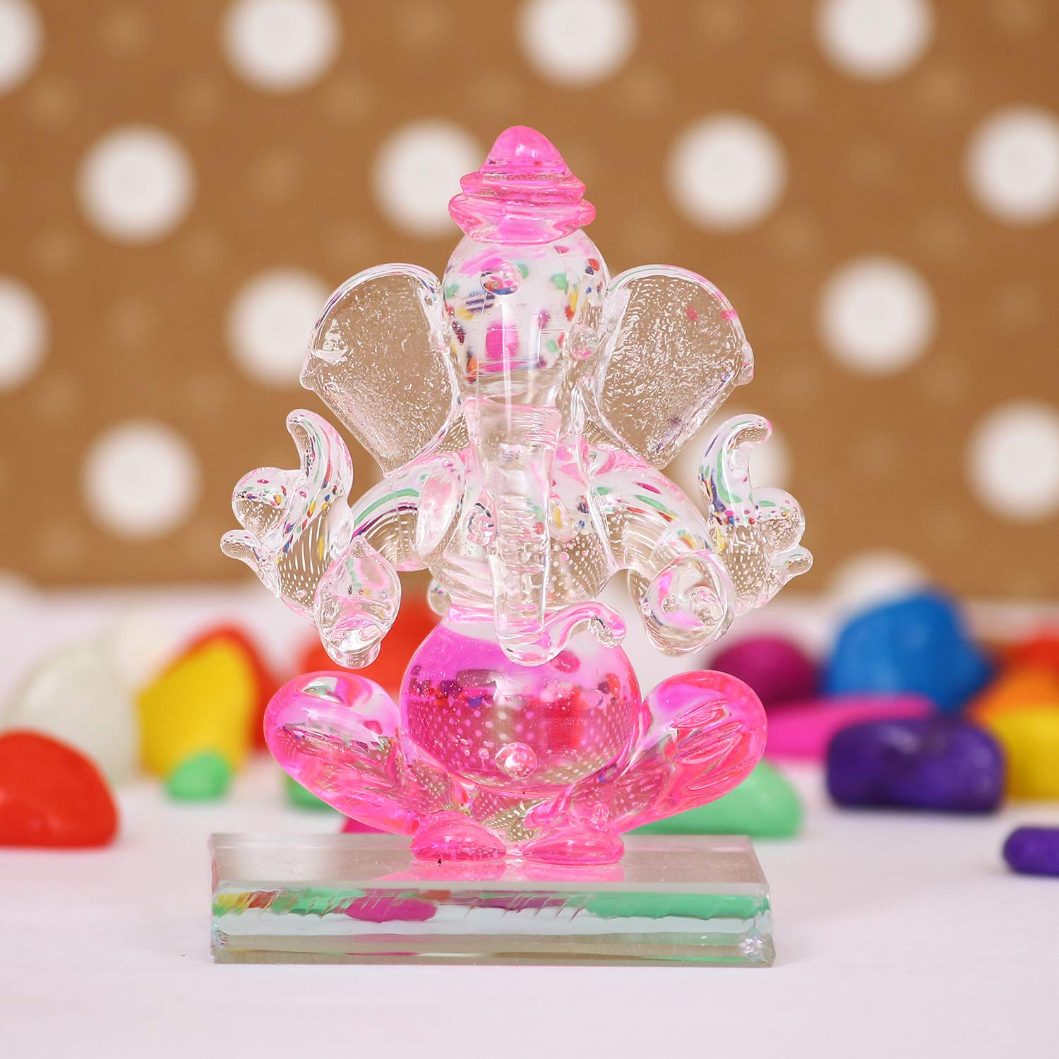Ecraftindia Pink And Transparent Double Sided Crystal Car Ganesha Showpiece